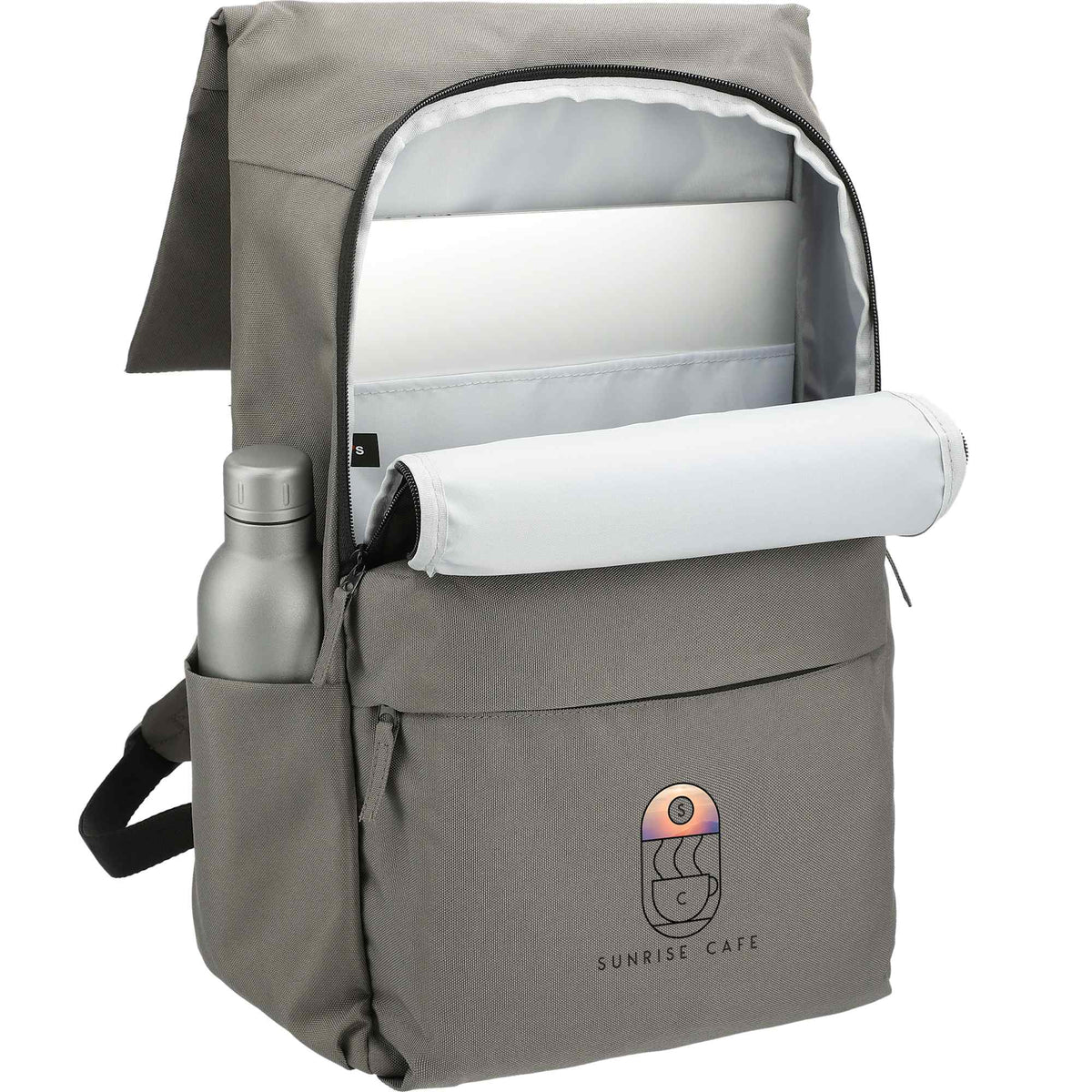 Merritt Recycled Computer Backpack with Flap Pocket, 15 Inch Embroidery - Charcoal - Propped Inside