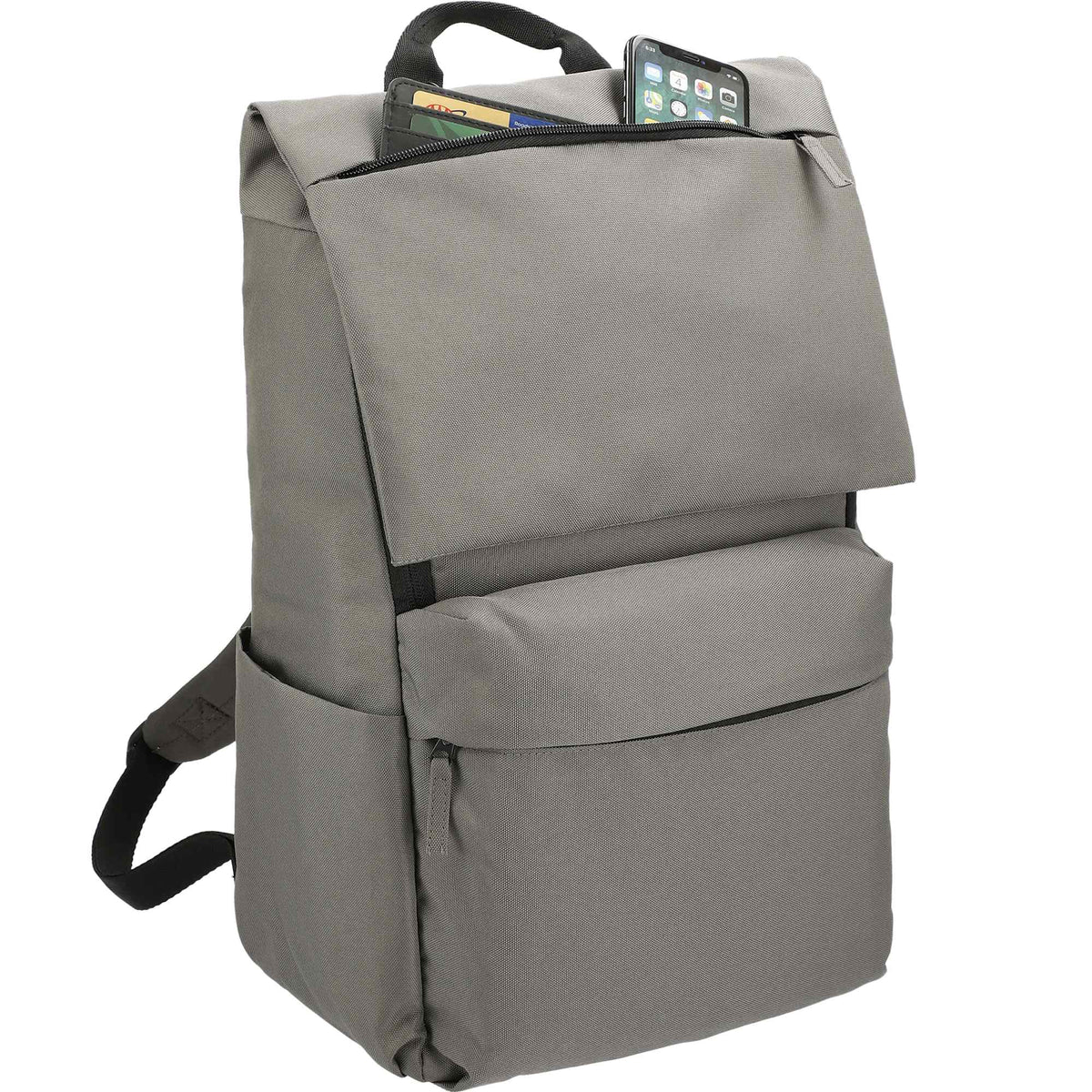 Merritt Recycled Computer Backpack with Flap Pocket, 15 Inch Transfer - Charcoal - Propped Top 2
