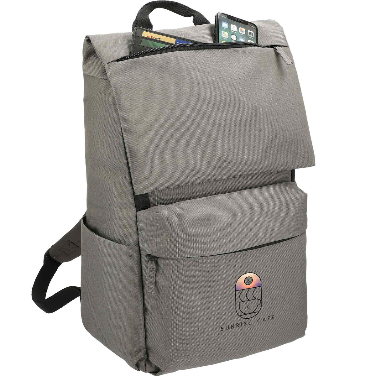 Merritt Recycled Computer Backpack with Flap Pocket, 15 Inch Transfer - Charcoal - Propped Top