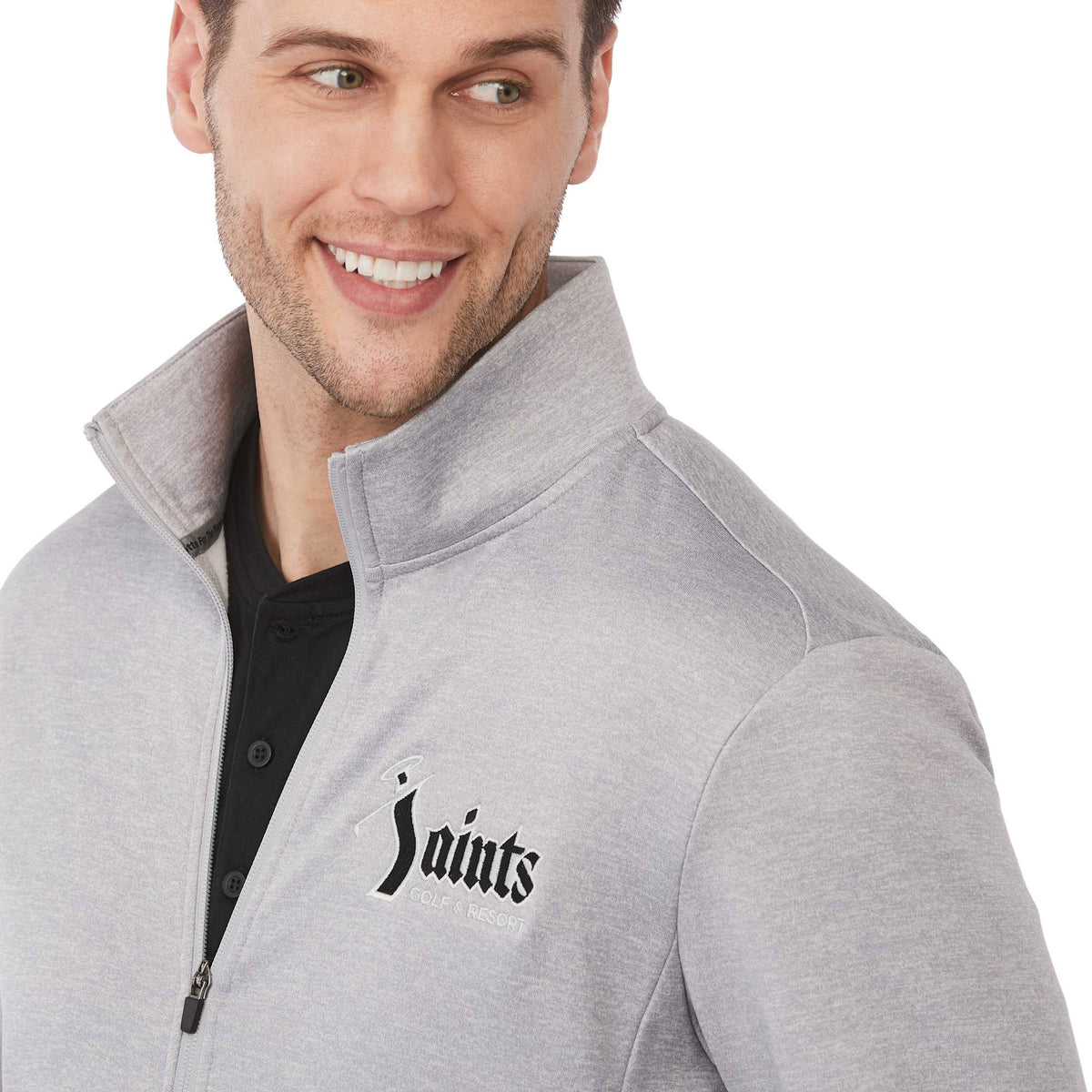 Merritt Recycled Fleece Full Zip for Men Transfer - Heather Grey - Detail On Model