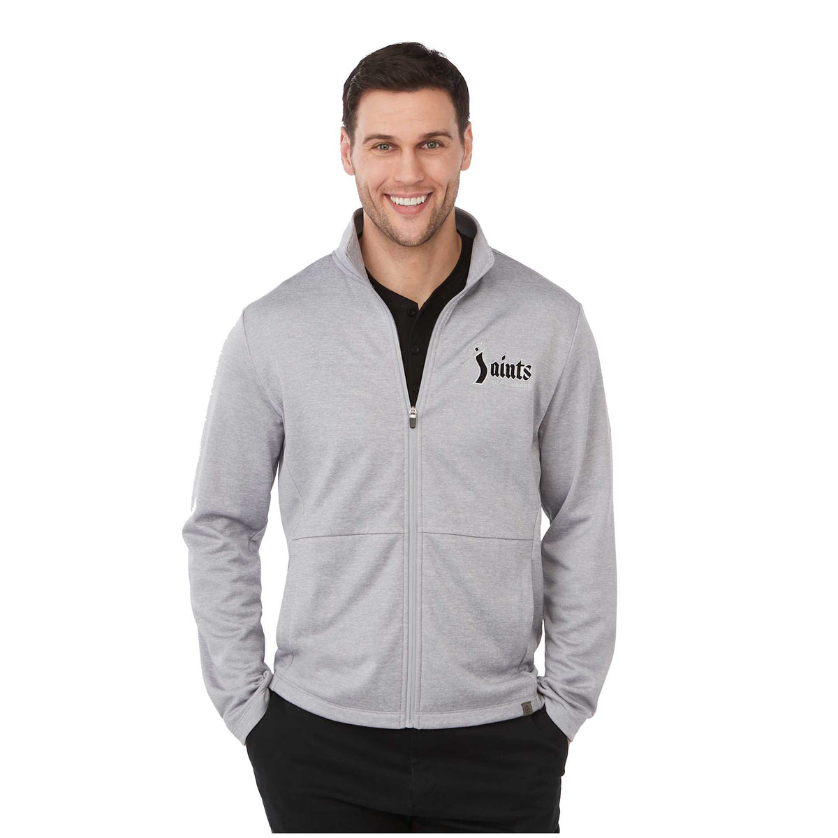 Merritt Recycled Fleece Full Zip for Men Transfer - Heather Grey - Front On Model 2