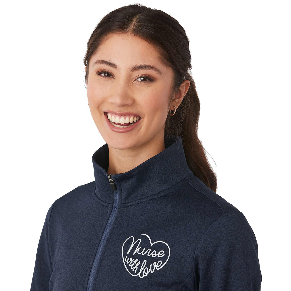 Merritt Recycled Fleece Full Zip for Women Transfer - Vintage Navy Heather - Detail On Model