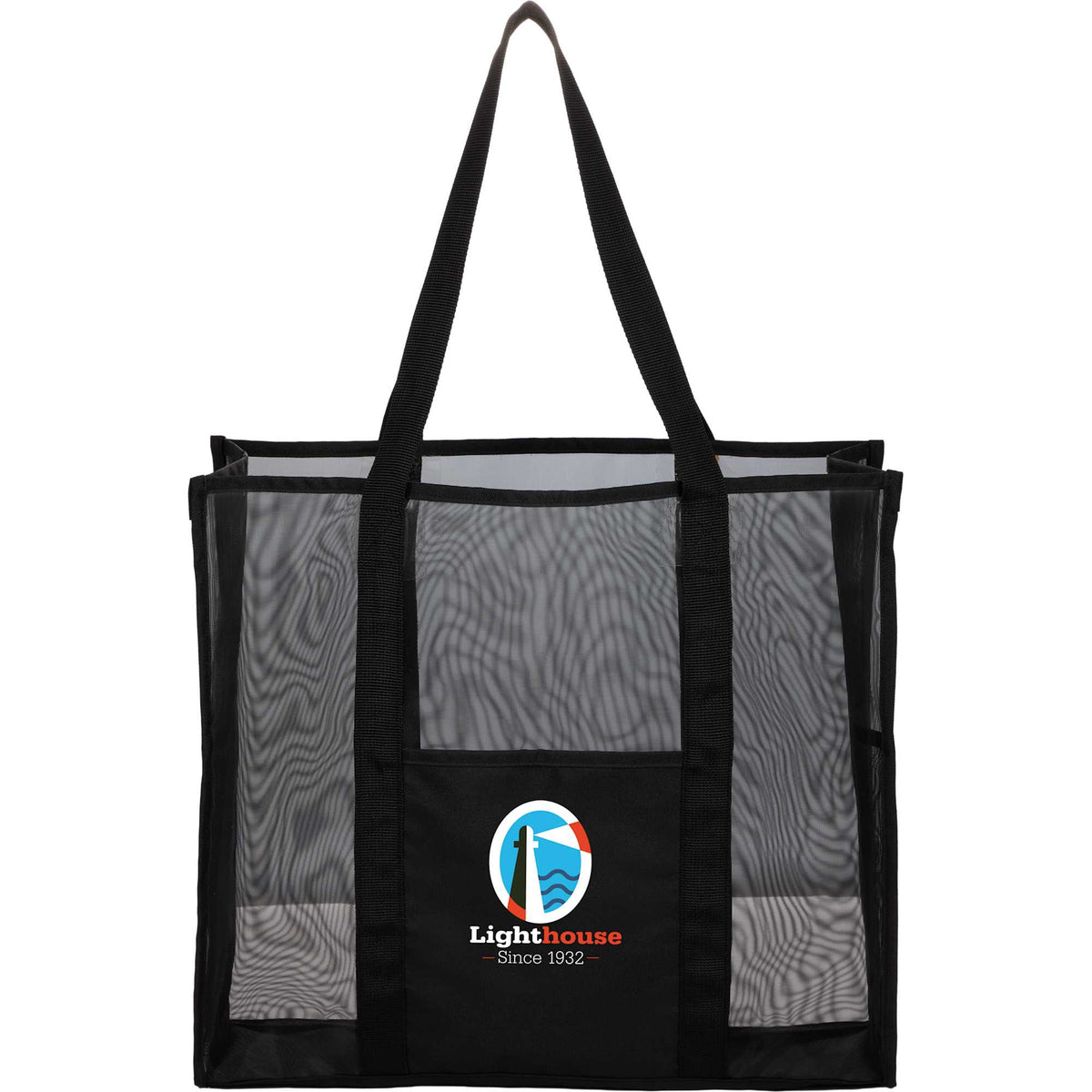 Mesh Beach Tote with Side Pockets, Large Embroidery - Black - Front