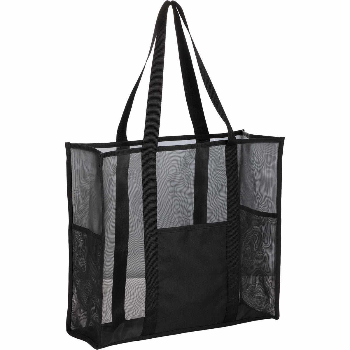 Mesh Beach Tote with Side Pockets, Large Embroidery - Black - Right Angle 2