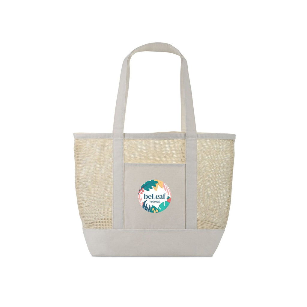 Mesh Tote Bag with Canvas Base and Handles Embroidery - Natural - View 1