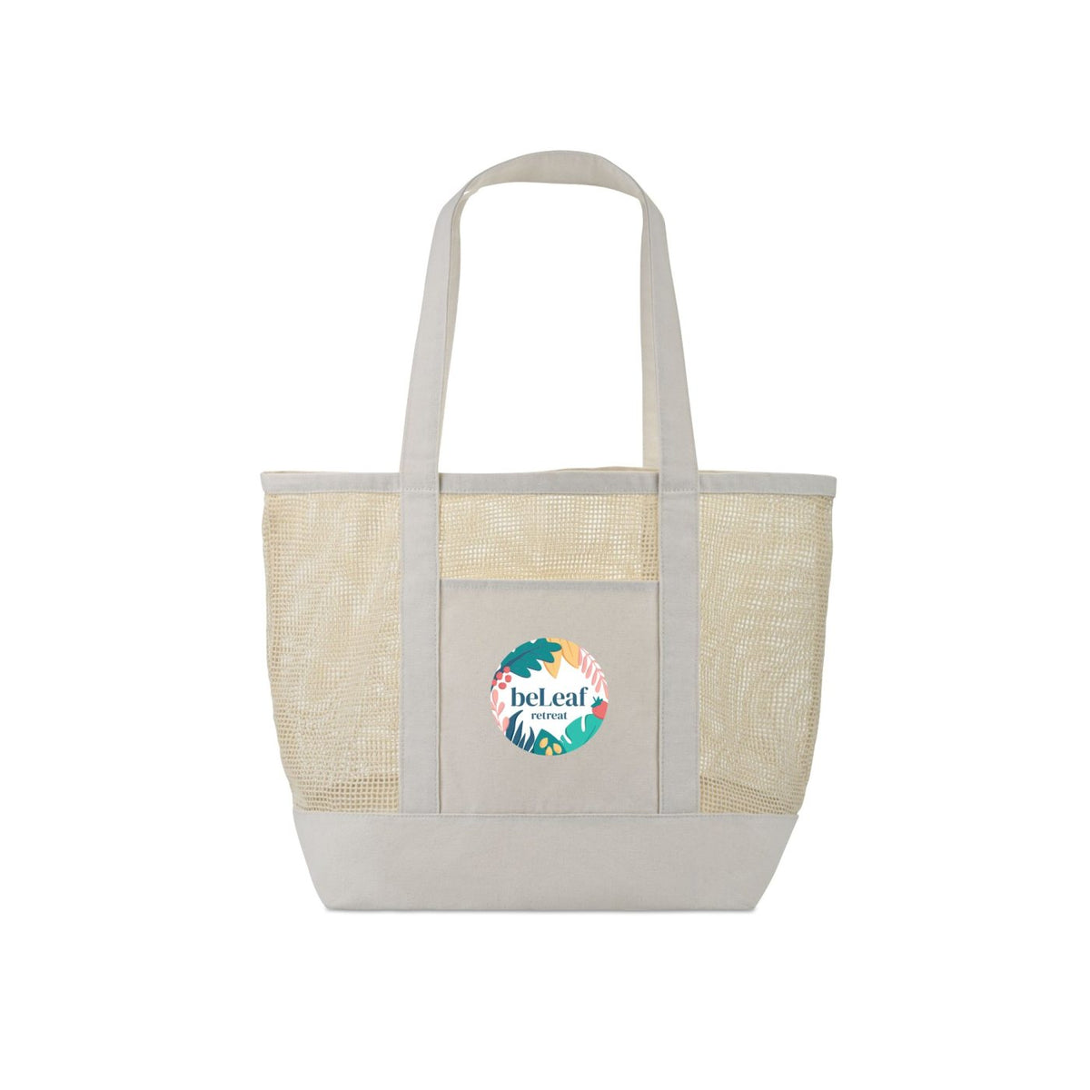 Mesh Tote Bag with Canvas Base and Handles Embroidery - Natural - View 1