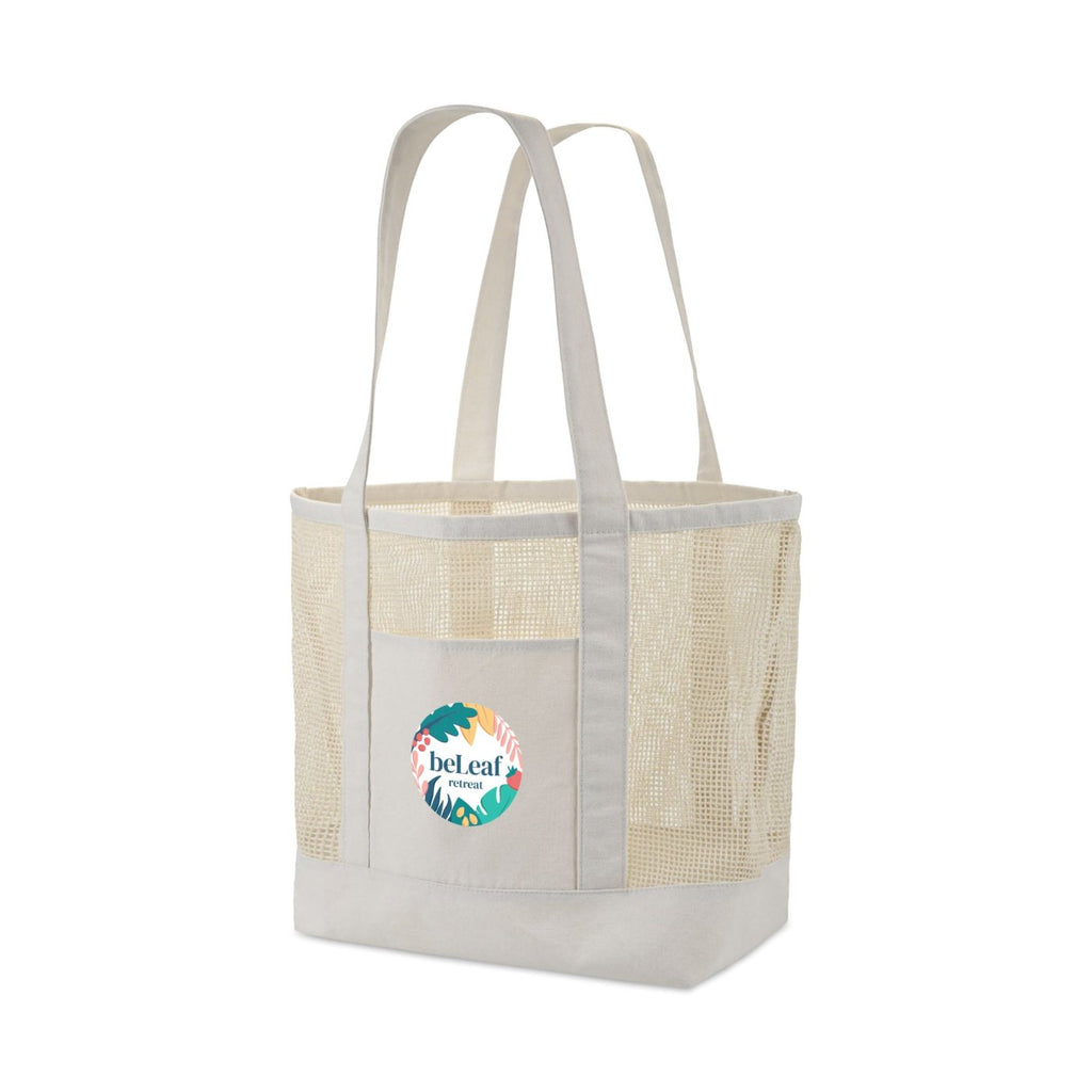 Mesh Tote Bag with Canvas Base and Handles Embroidery - Natural - View 2
