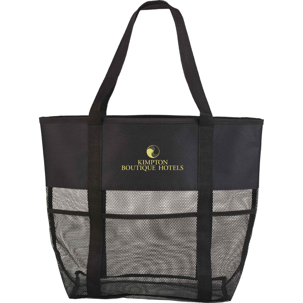 Mesh Utility Beach Tote with Pockets All Around Full Color - Black - Front