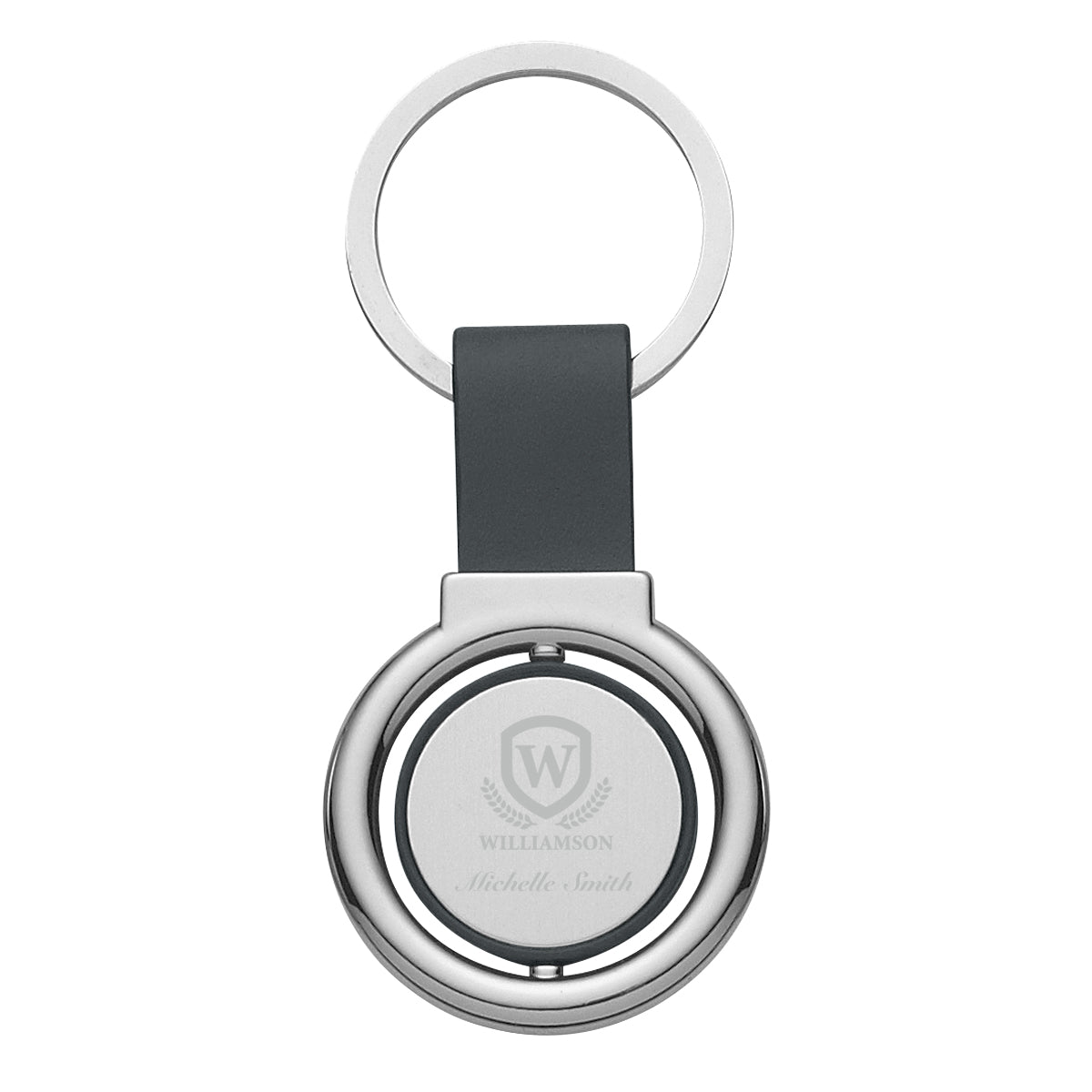 Metal Spinner Key Tag, Circular - Silver W/black - Laser Engraving