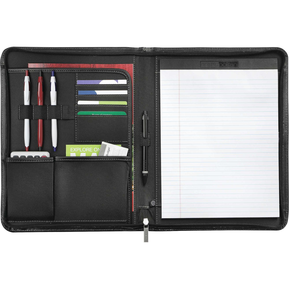 Metropolitan Leather Zippered Padfolio Debossing - Black - Front 2