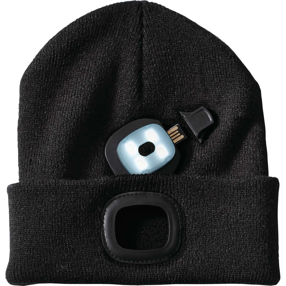 Mighty Knit Beanie with Rechargeable LED Headlight Embroidery - Black - Front Flat 2