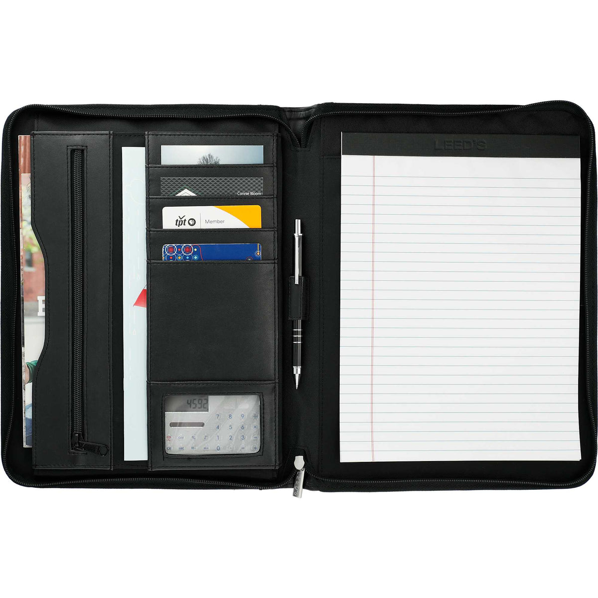 Millennium Top Grain Leather Zippered Padfolio Debossing - Black - Front 2