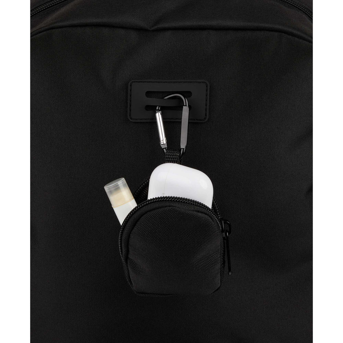 Mini Backpack Bag Charm with Earbud Pocket Full Color - Black - Propped
