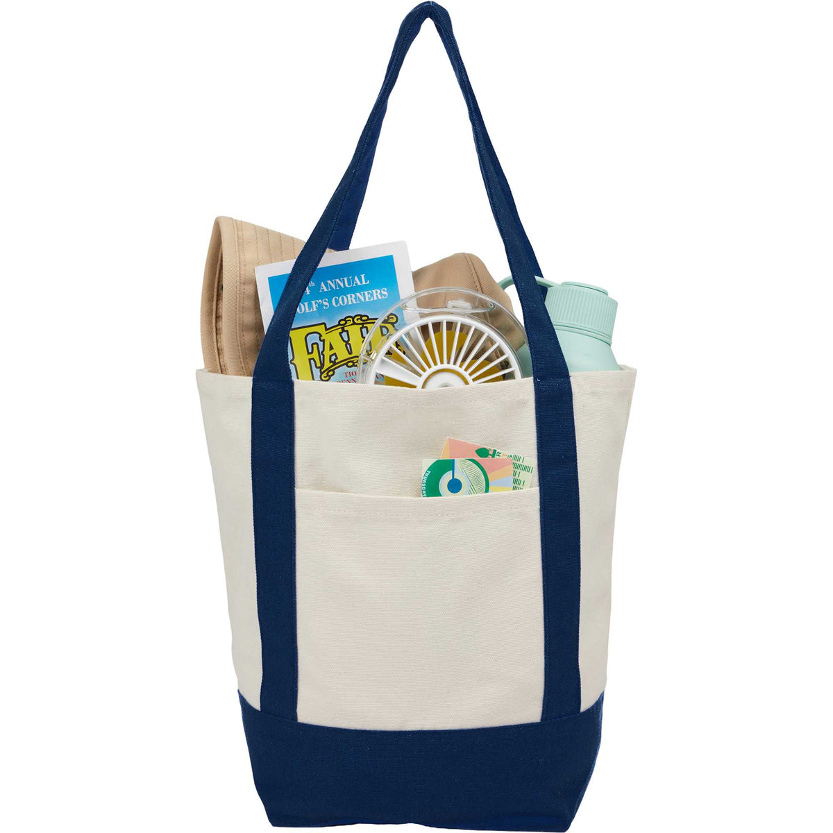 Mini Recycled Cotton Tote with Front Pocket, 8 oz - Navy - Propped