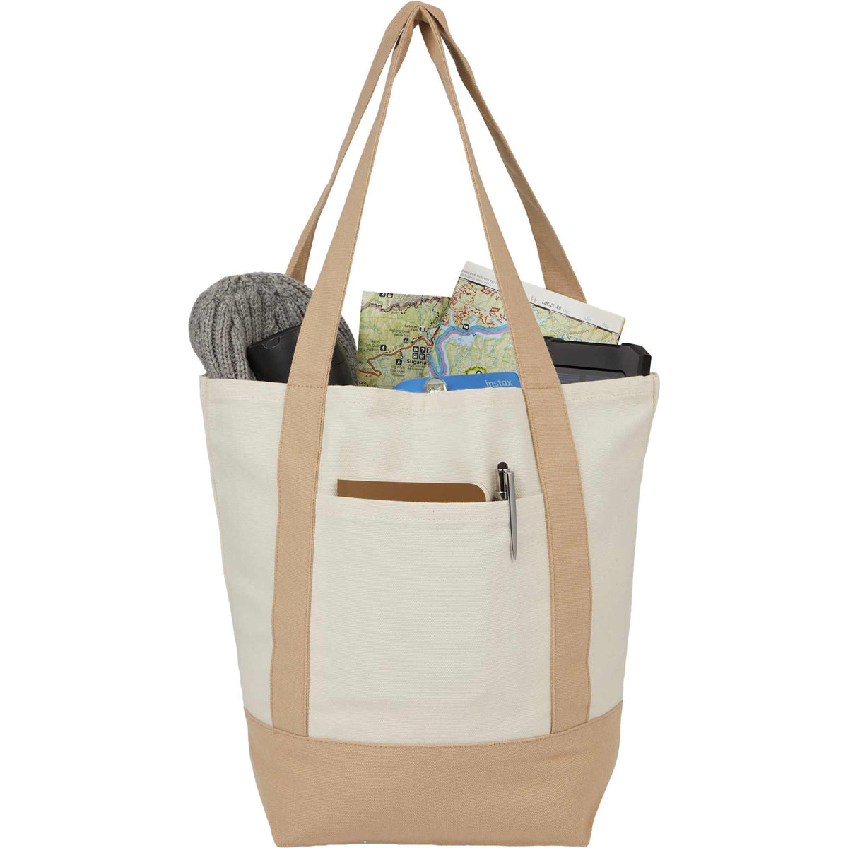 Mini Recycled Cotton Tote with Front Pocket, 8 oz Transfer - Tan - Propped