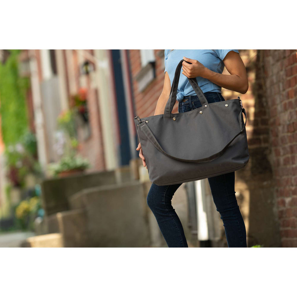 Moop Porter Canvas Tote with Crossbody Strap Transfer - Gray - On Model