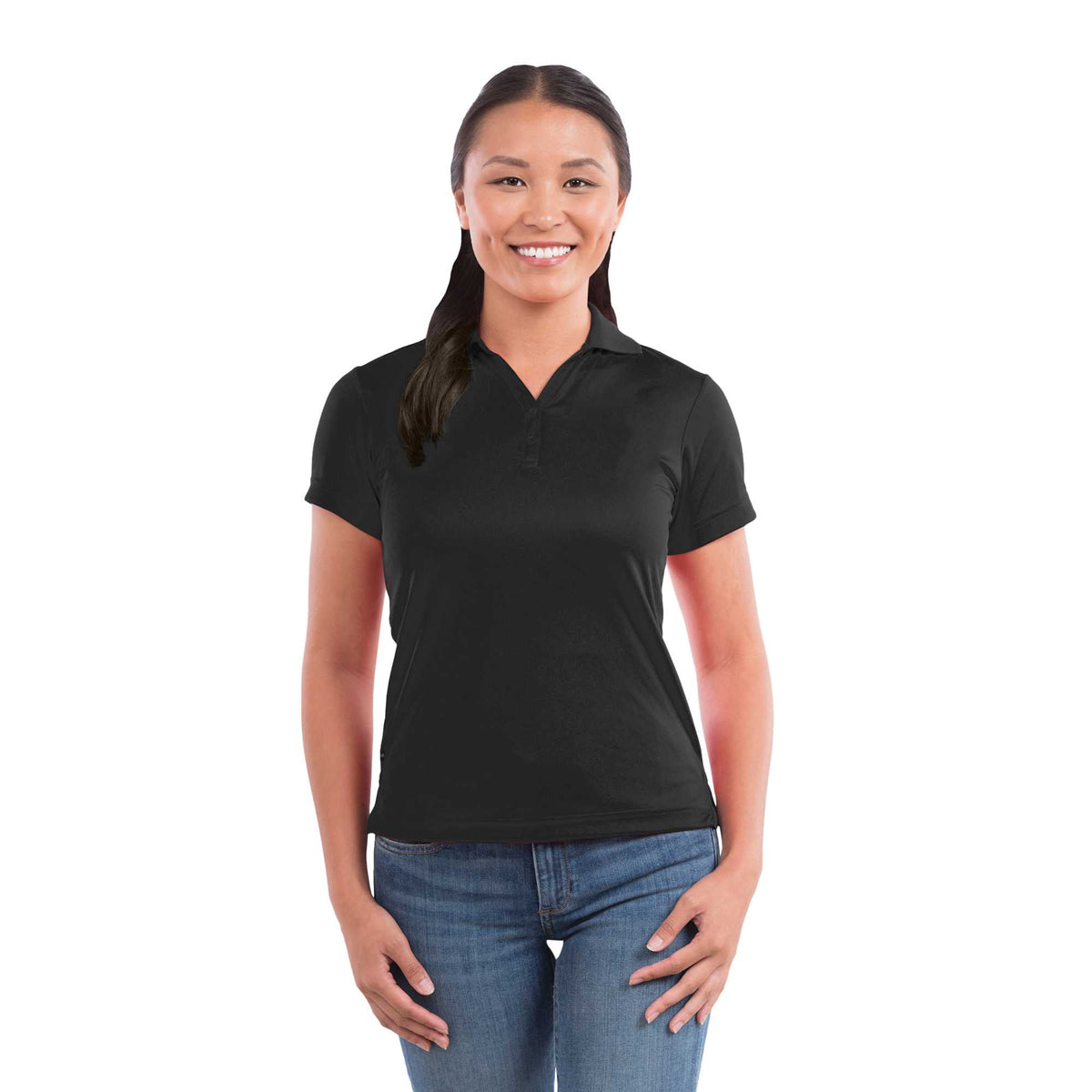 Moreno Double Pique Performance Polo for Women Transfer - Black - On Model