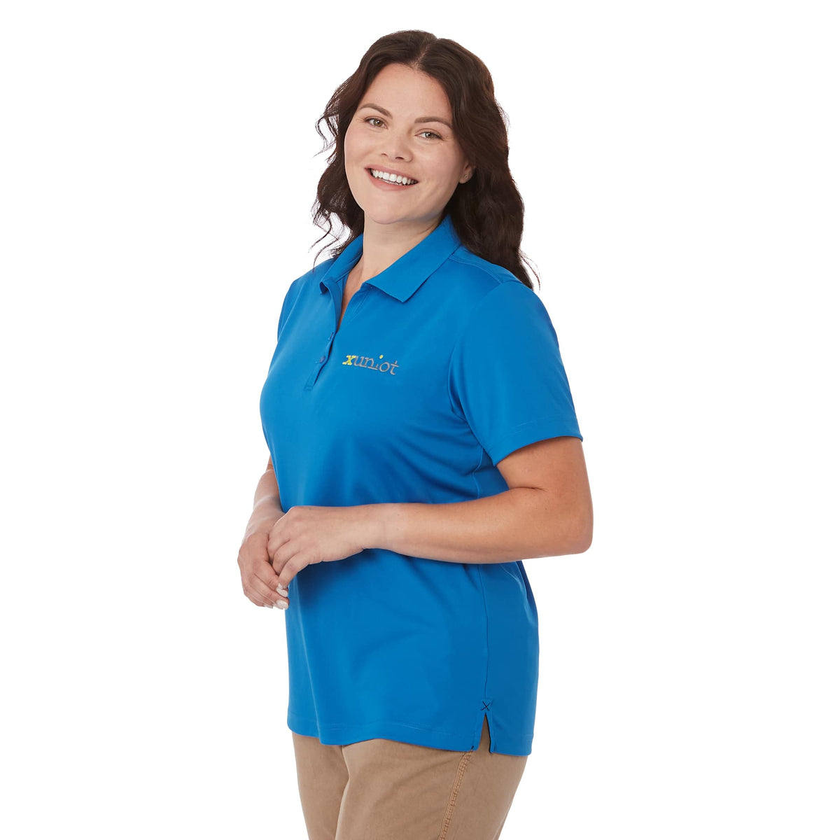 Moreno Double Pique Performance Polo for Women Transfer - Olympic Blue - On Model Left Angle