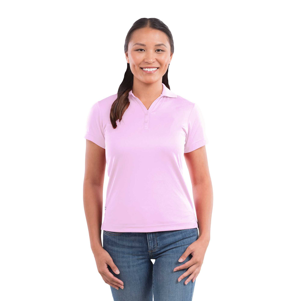 Moreno Double Pique Performance Polo for Women Transfer - Pink Zircon - Front On Model