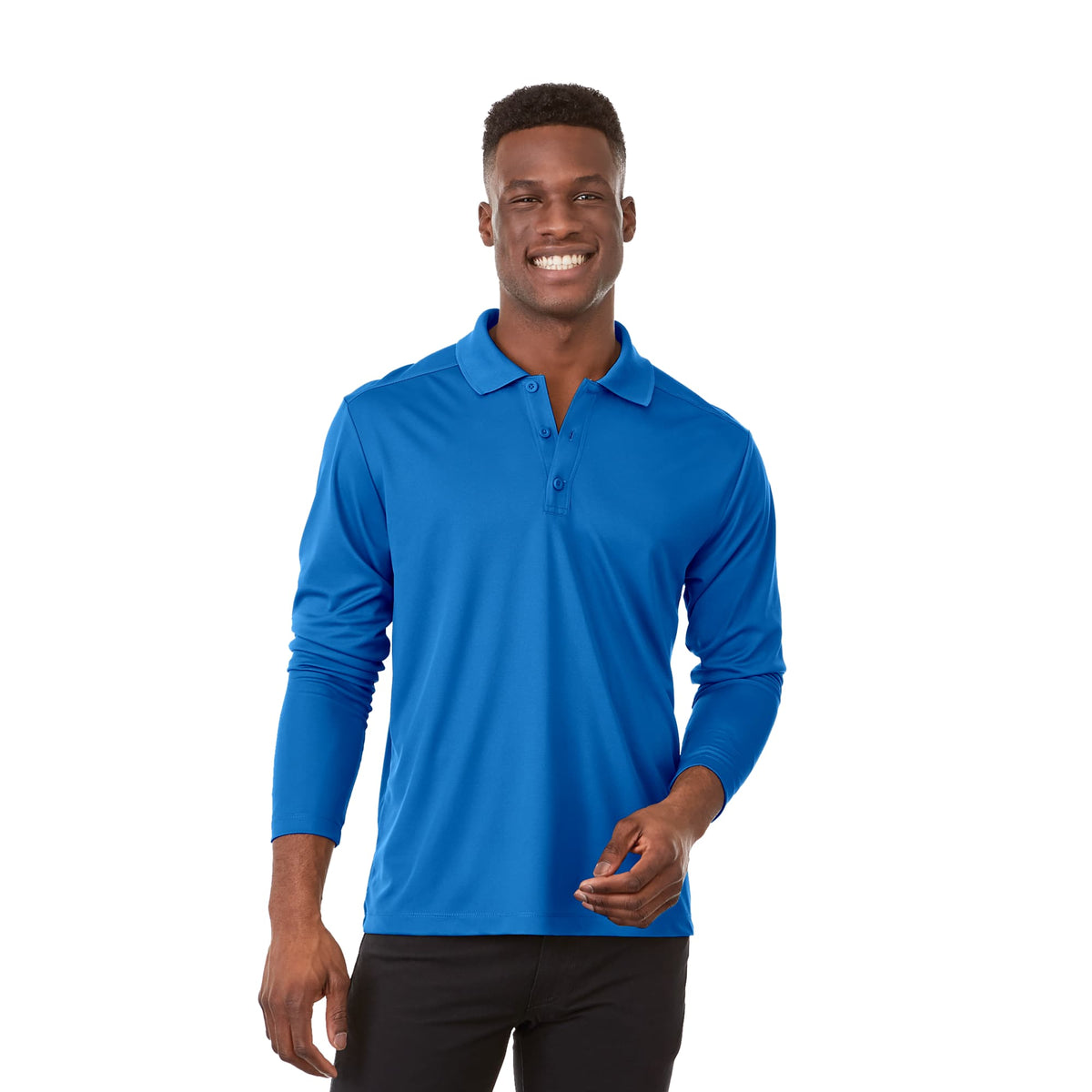 Mori Long Sleeve Performance Polo for Men Embroidery - Olympic Blue - Front On Model