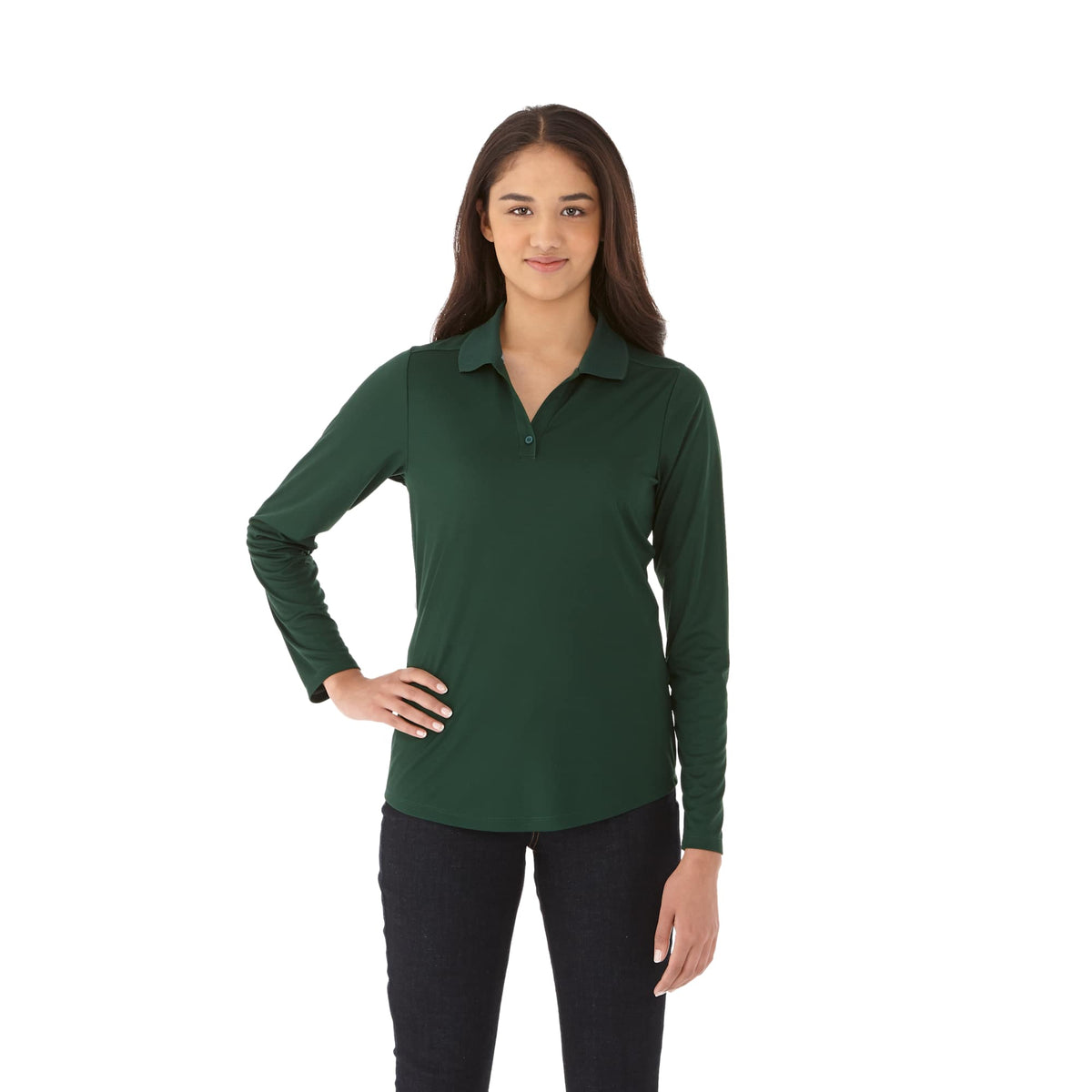 Mori Long Sleeve Performance Polo for Women Debossing - Forest Green - On Model