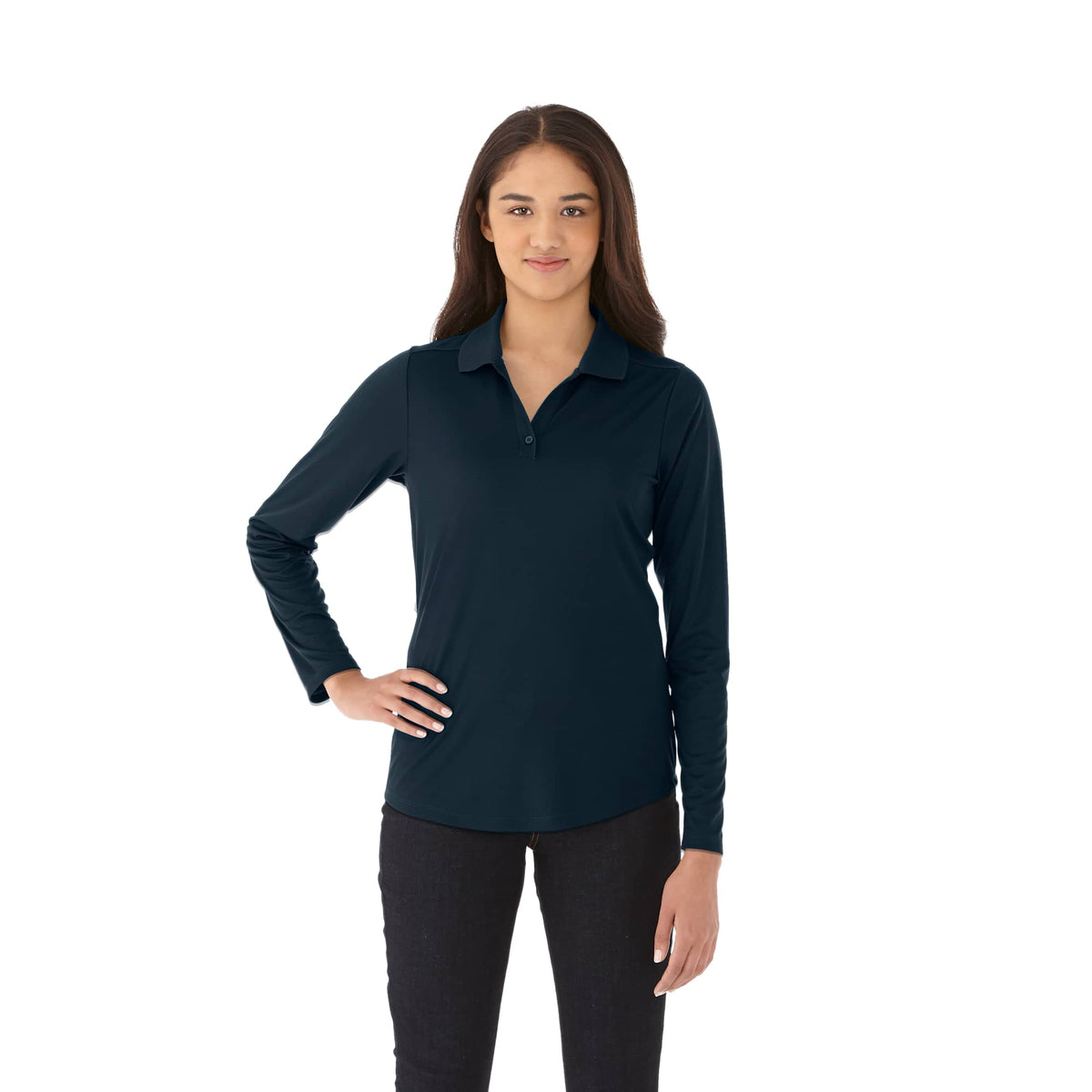Mori Long Sleeve Performance Polo for Women Debossing - Navy - On Model