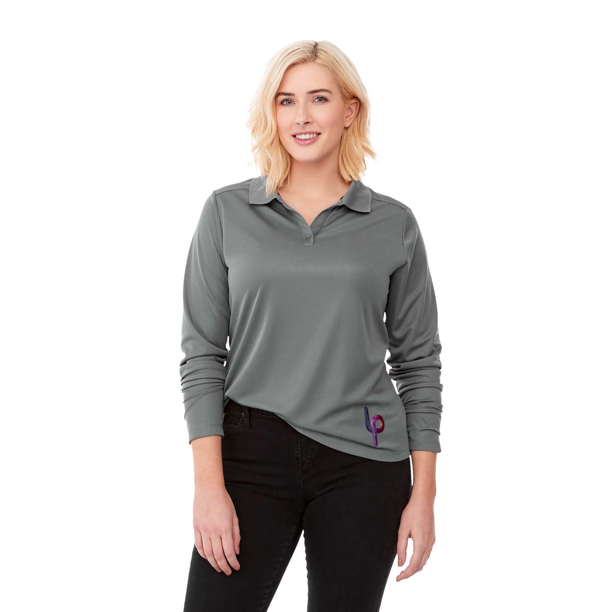Mori Long Sleeve Performance Polo for Women Debossing - Steel Grey - Front On Model