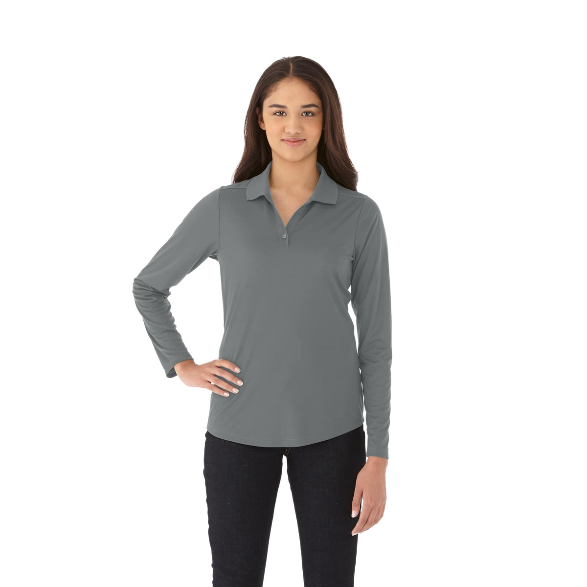 Mori Long Sleeve Performance Polo for Women Debossing - Steel Grey - On Model 2