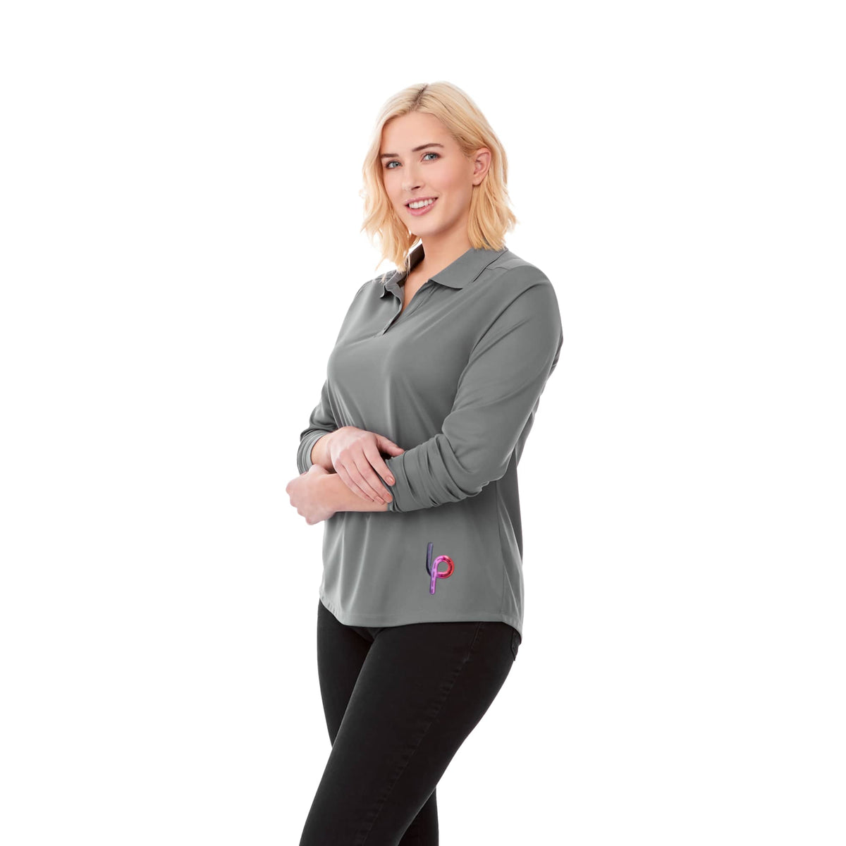 Mori Long Sleeve Performance Polo for Women Debossing - Steel Grey - On Model