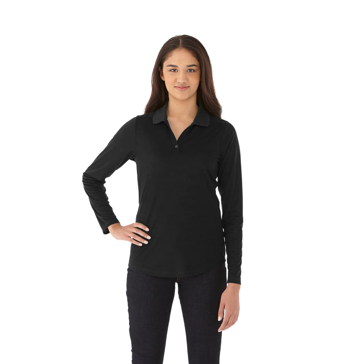 Mori Long Sleeve Performance Polo for Women Transfer - Black - On Model