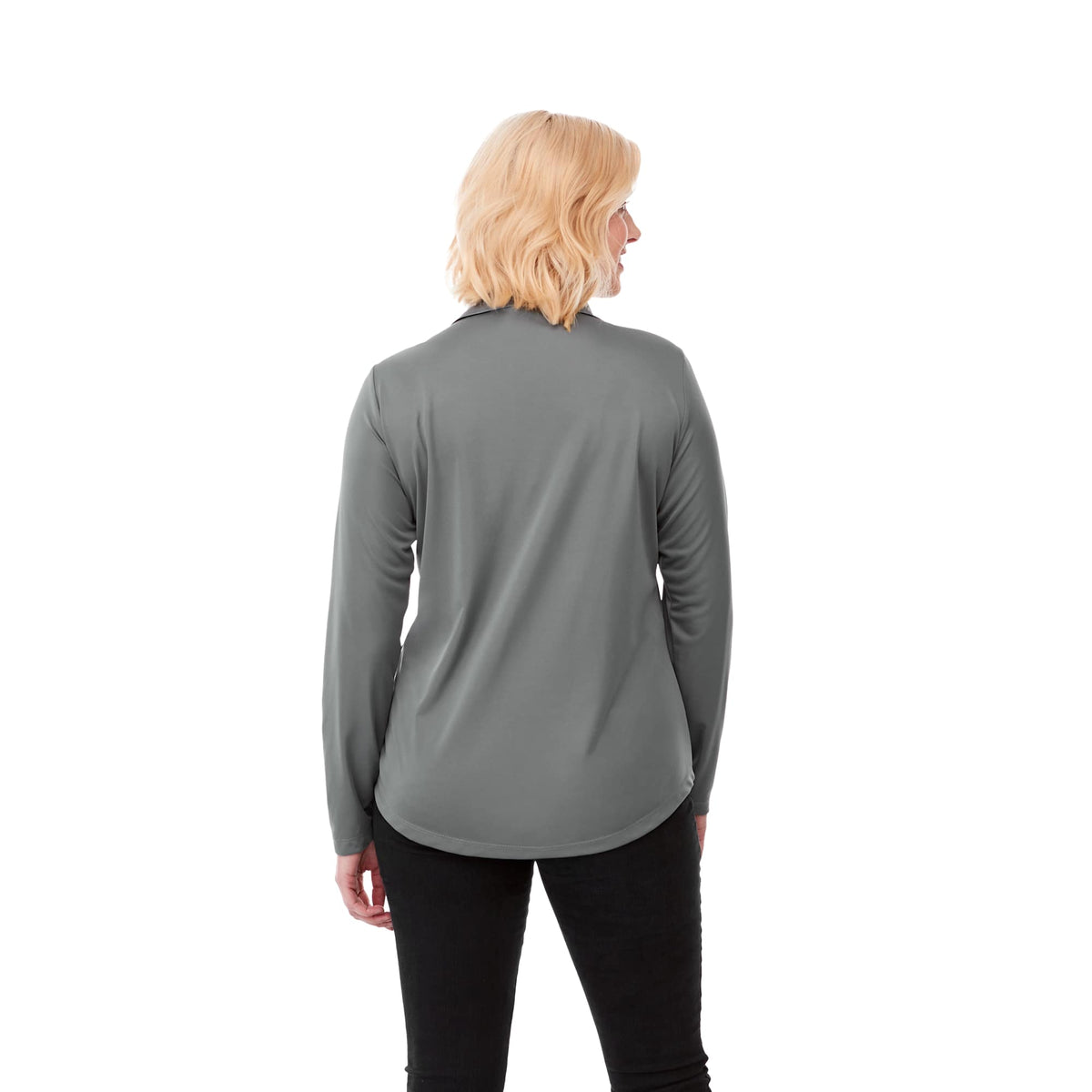 Mori Long Sleeve Performance Polo for Women Transfer - Steel Grey - Back On Model