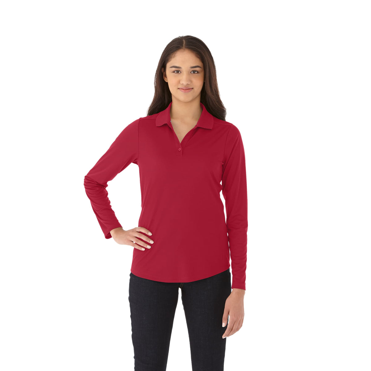 Mori Long Sleeve Performance Polo for Women Transfer - Team Red - On Model