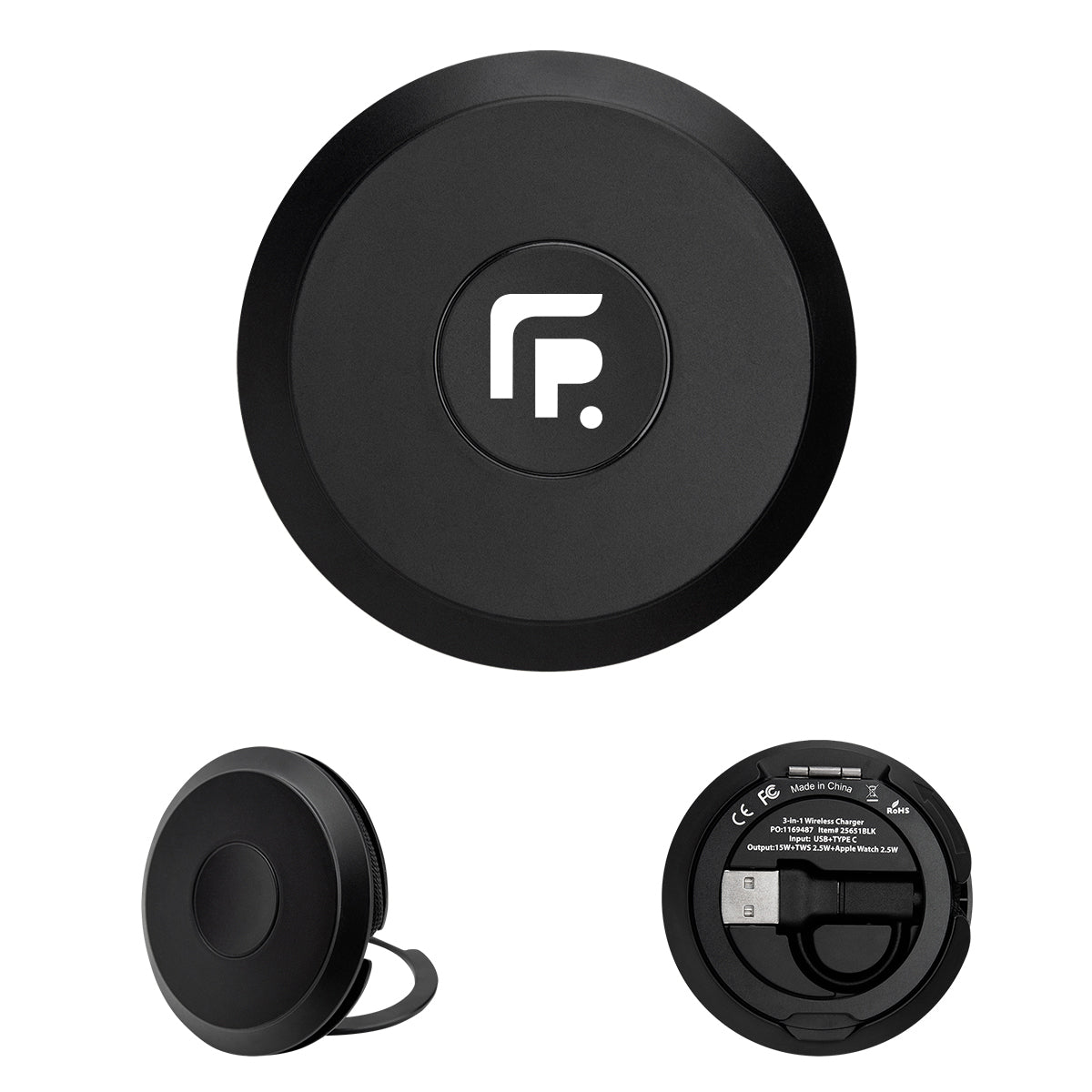 Multi-Charger with Kickstand, Wireless - Black - Pad Print