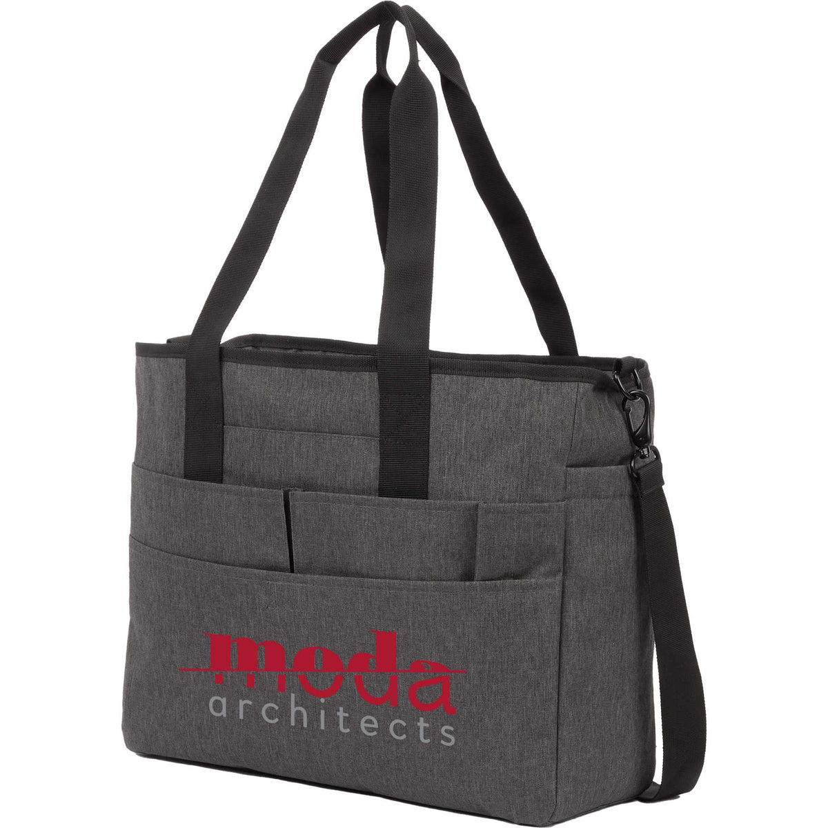 Multi-Pocket Laptop Tote with Crossbody Strap - Graphite - Left Angle