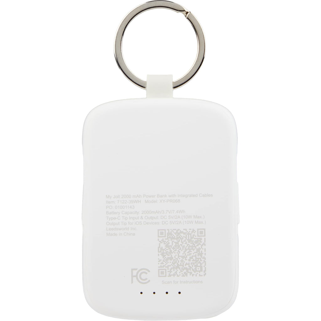 My Jolt Keychain Power Bank with Built-In Cables, 2,000 mAh Full Color - White - Back