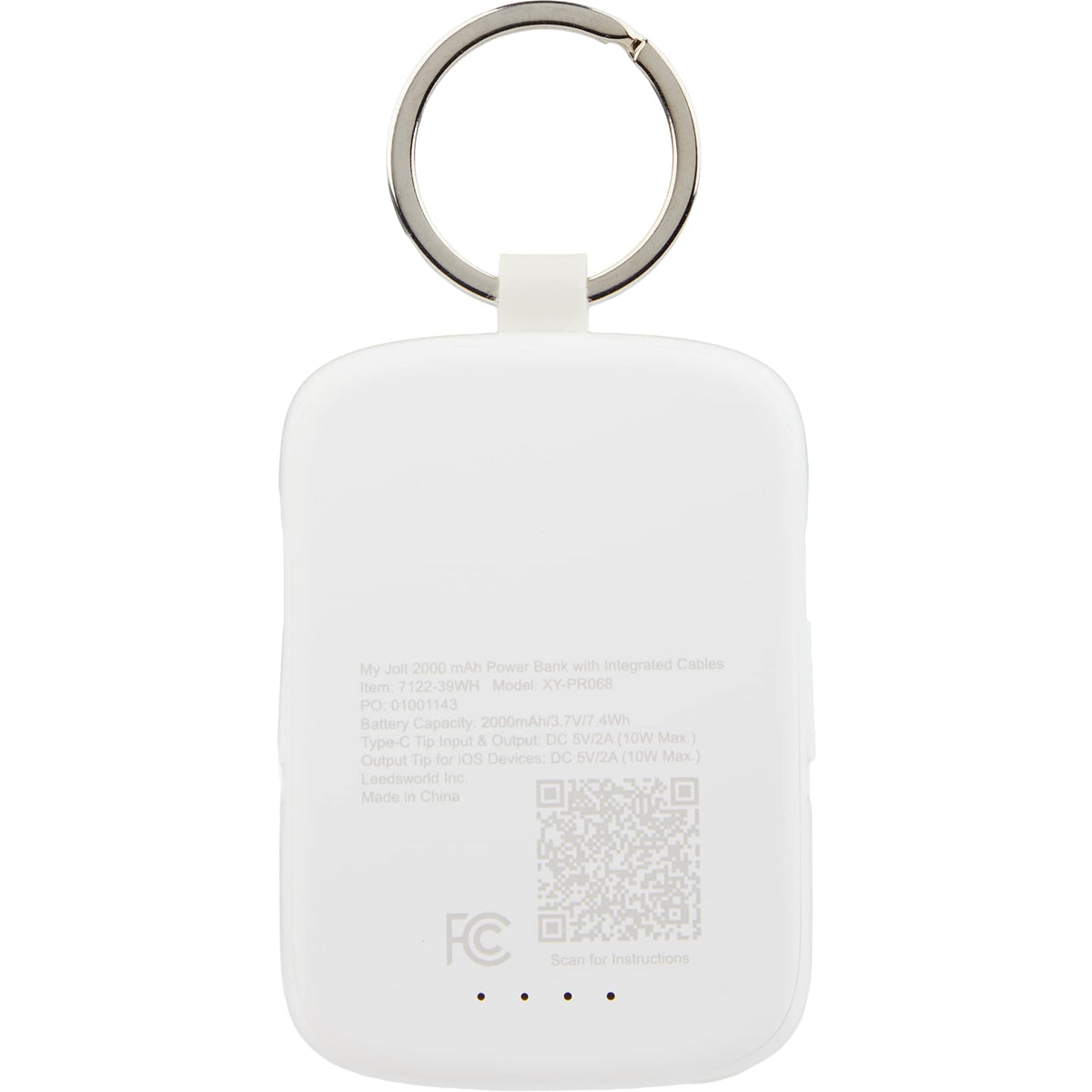 My Jolt Keychain Power Bank with Built-In Cables, 2,000 mAh Full Color - White - Back