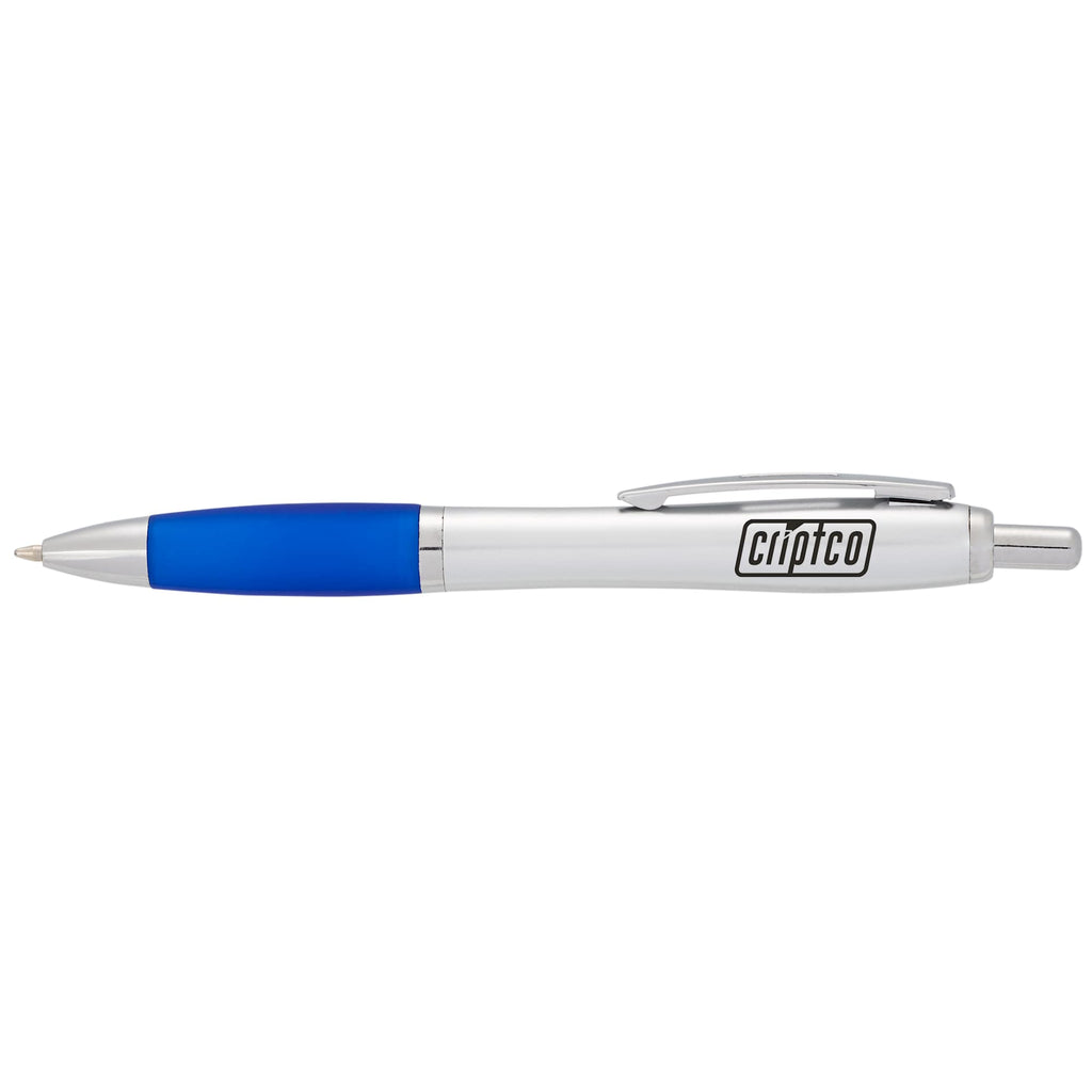 Nash Retractable Ballpoint Pen with Soft Grip Full Color - Silver Barrel w/Blue Grip - Front