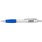 Nash Retractable Ballpoint Pen with Soft Grip - Silver Barrel w/Blue Grip - Front