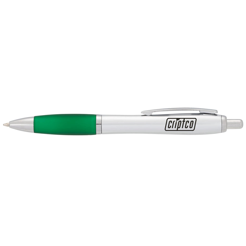 Nash Retractable Ballpoint Pen with Soft Grip - Silver Barrel w/Green Grip - Front