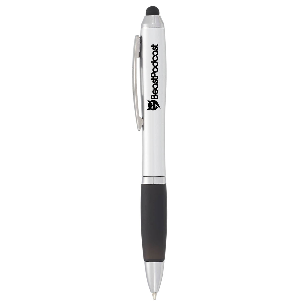 Nash Twist Ballpoint Pen with Stylus - Silver w/BLACK TRIM - Front