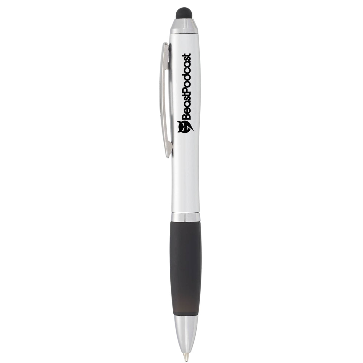 Nash Twist Ballpoint Pen with Stylus - Silver w/BLACK TRIM - Front