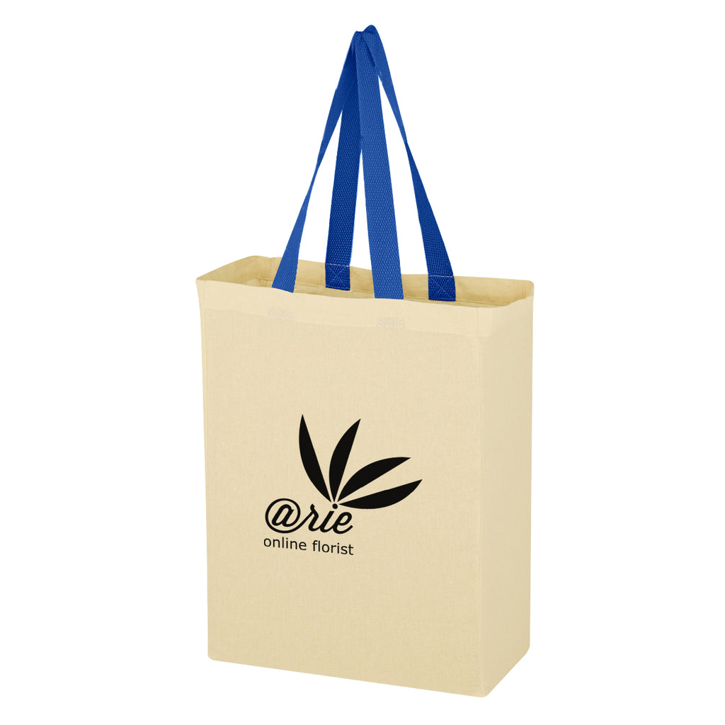 Natural Cotton Canvas Grocery Tote Bag, 5 oz - Royal Blue Handles - Silk Screen