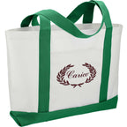 Nautical Canvas Tote with Contrast Trim, Large Embroidery - White w/Green Trim - Right Angle