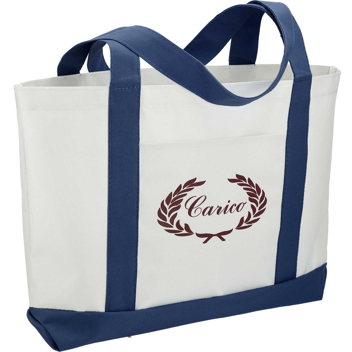 Nautical Canvas Tote with Contrast Trim, Large Embroidery - White w/Navy Blue Trim - Right Angle