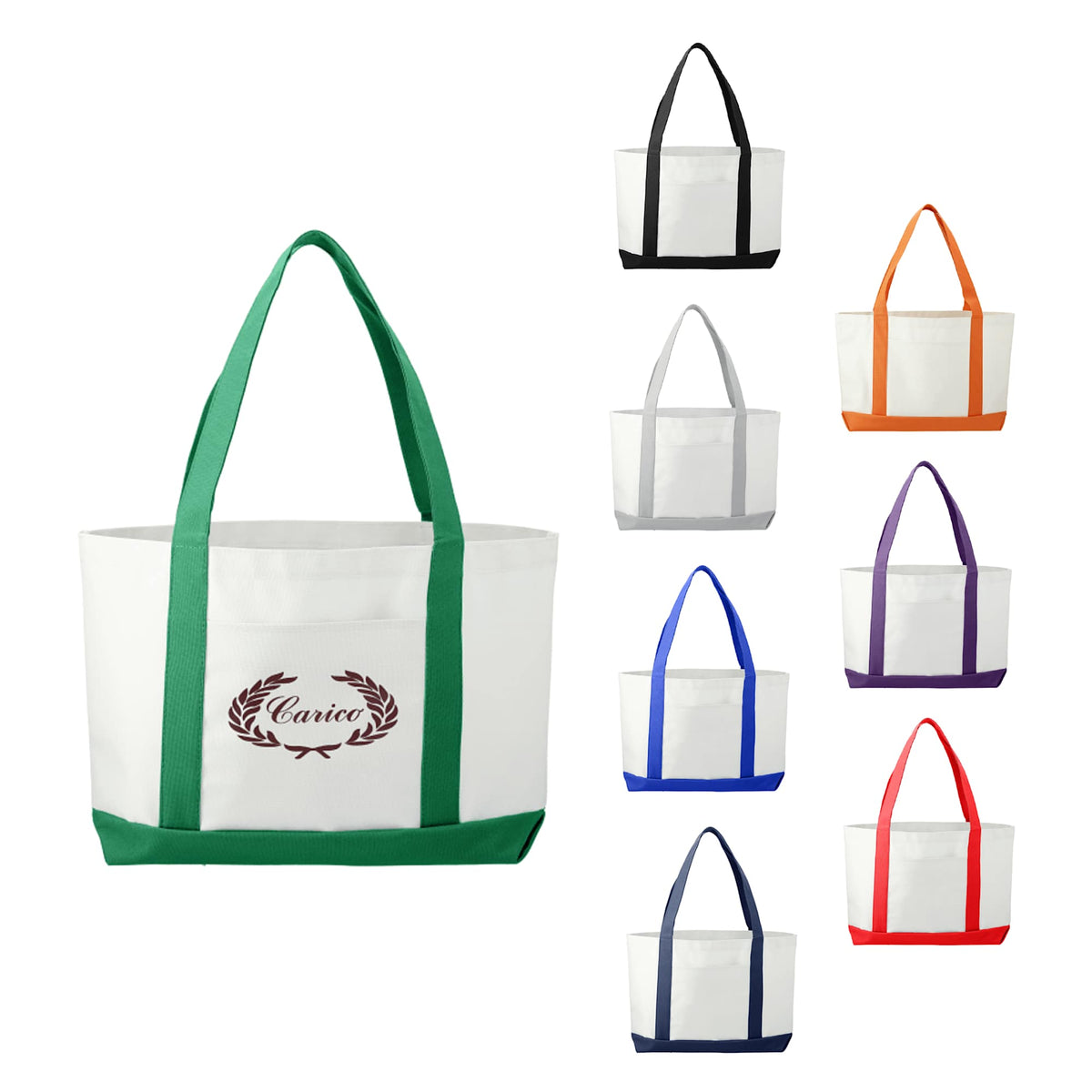 Nautical Canvas Tote with Contrast Trim, Large Full Color - White w/Green Trim - Front Group