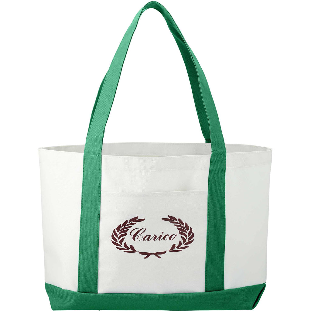 Nautical Canvas Tote with Contrast Trim, Large Full Color - White w/Green Trim - Front