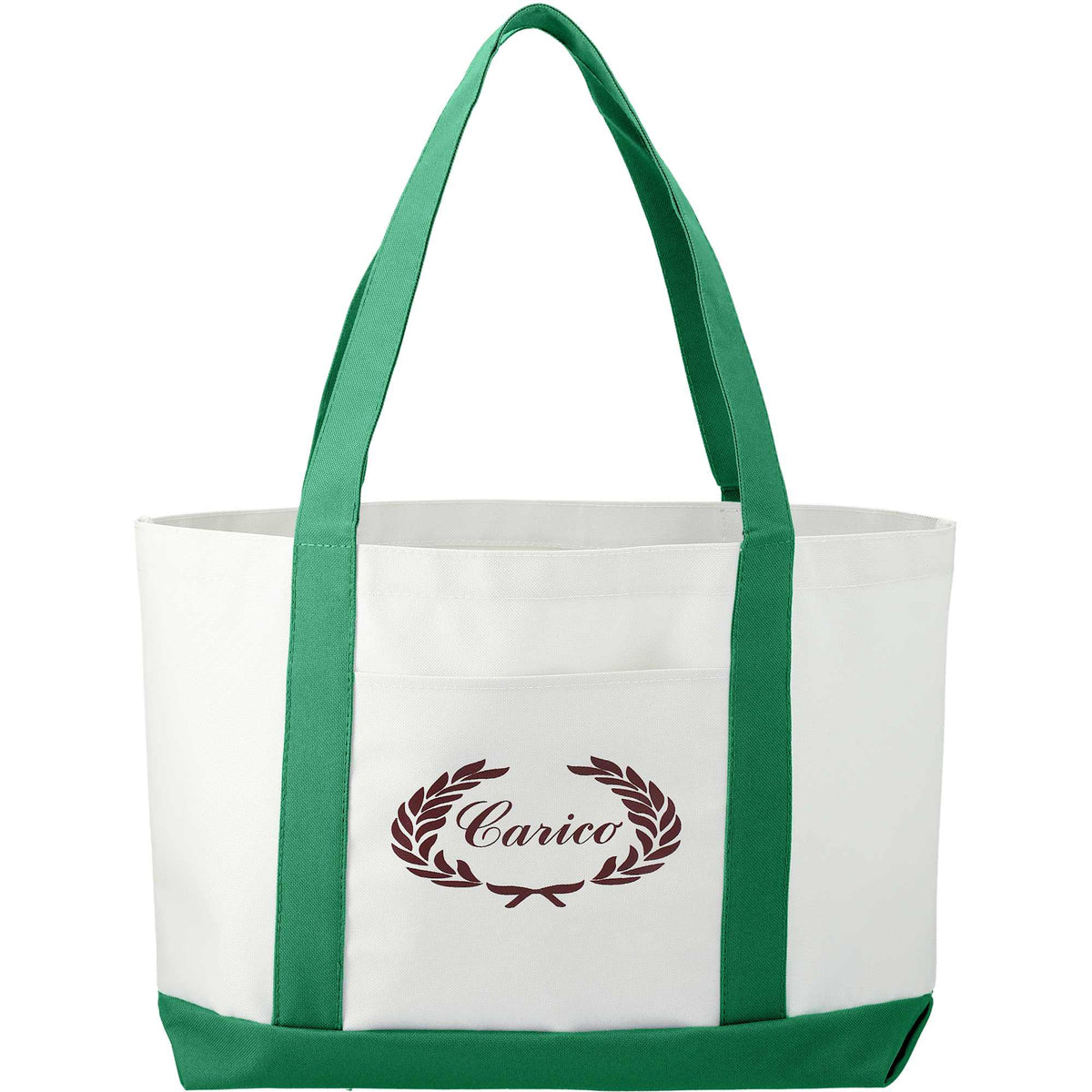 Nautical Canvas Tote with Contrast Trim, Large - White w/Green Trim - Front