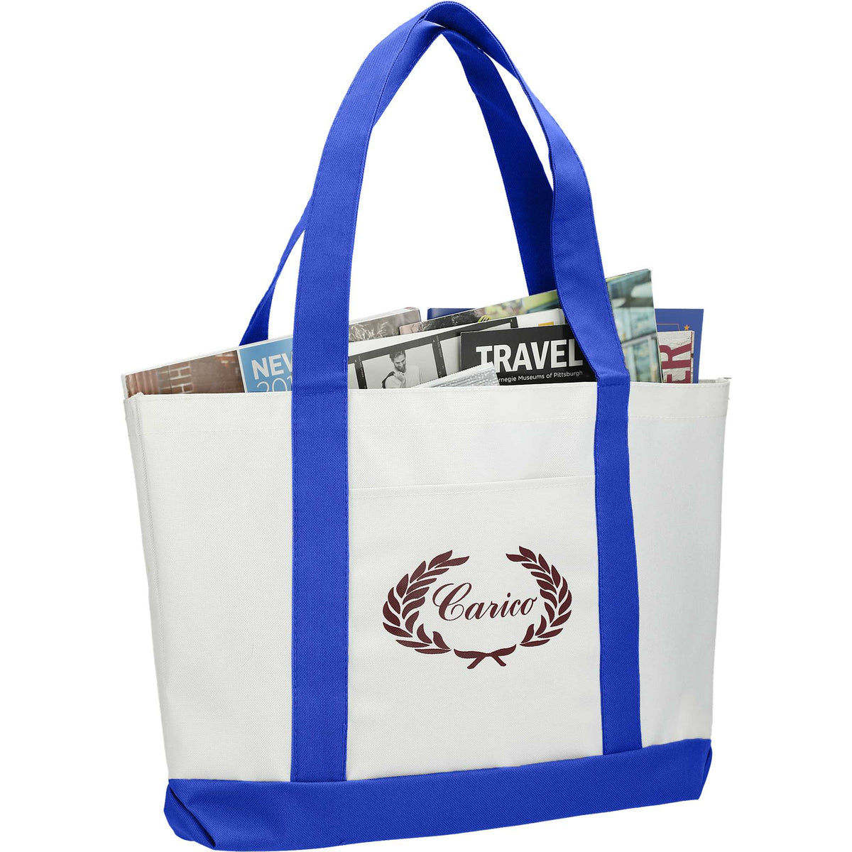 Nautical Canvas Tote with Contrast Trim, Large - White w/Royal Blue Trim - Right Angle 2
