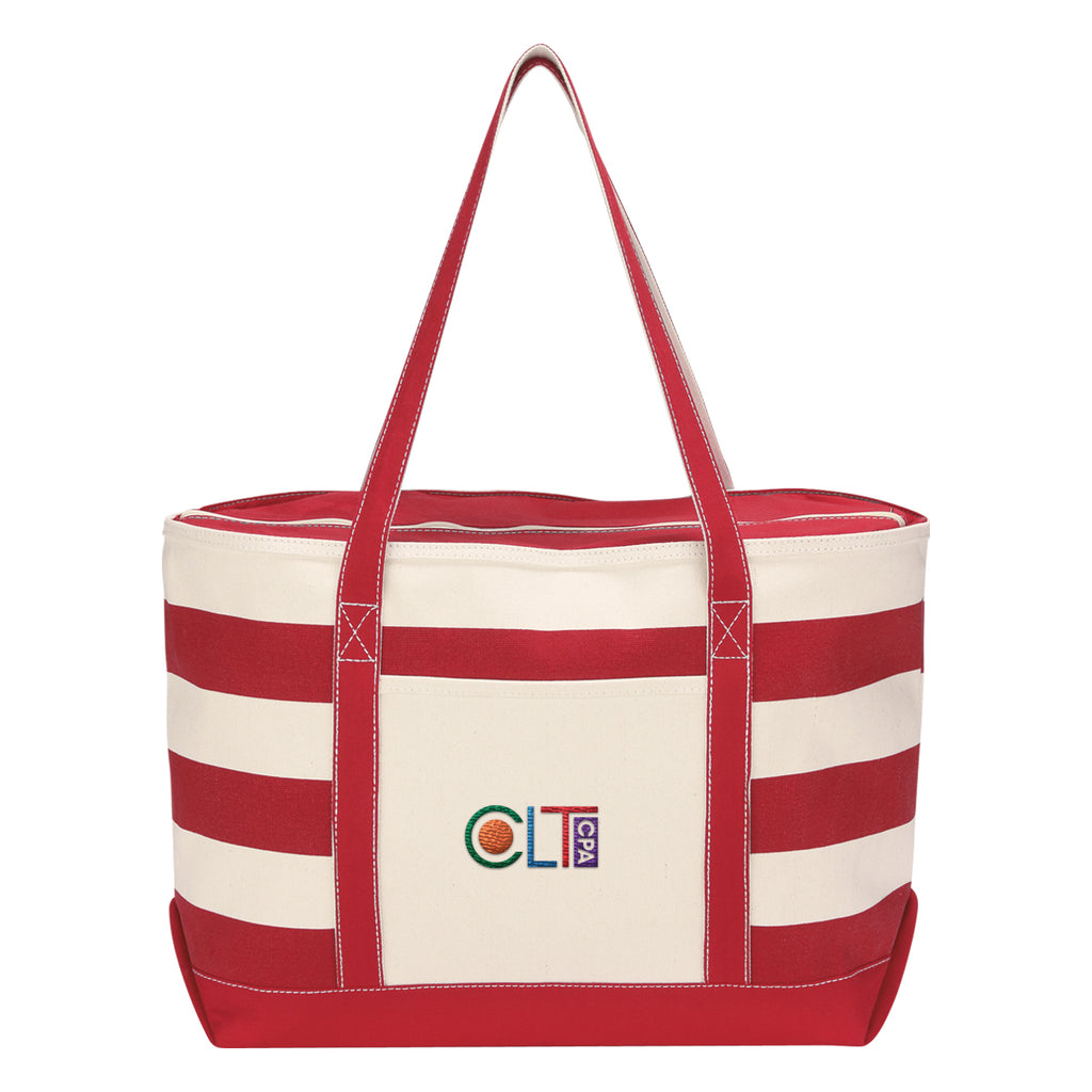 Nautical Cotton Canvas Tote Bag, 18 oz Embroidery - Red Trim - Embroidery