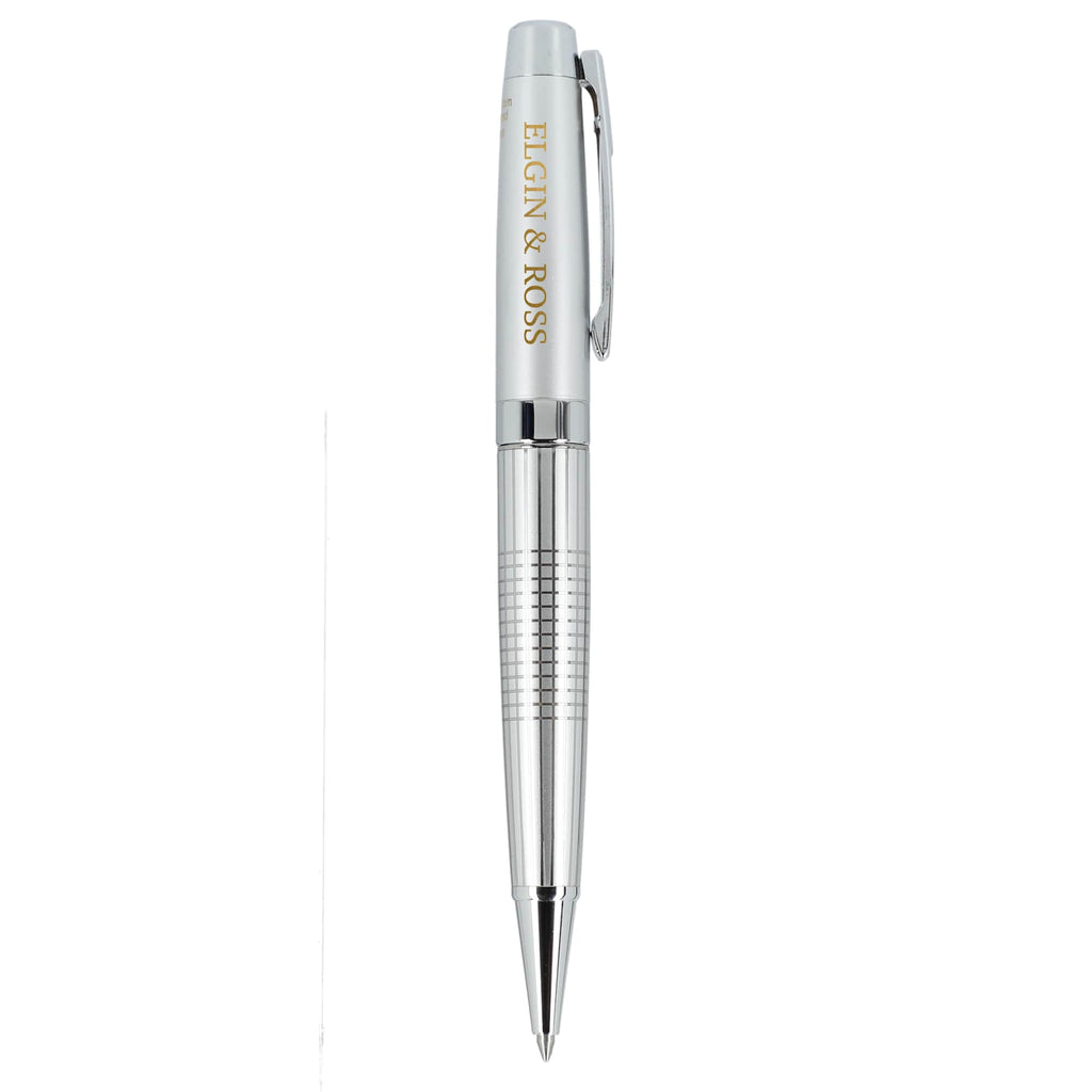 Newton Capped Pen in Recycled Brass with Blue Ink Laser Engraving - Silver - Right Side